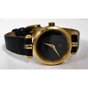 Gucci Black Gold Round Watch‎ with Black Leather Band